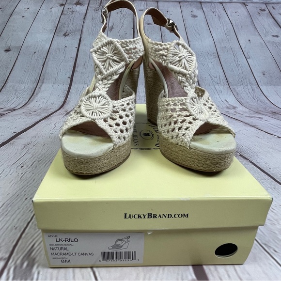 LUCKY BRAND women's neutral cream macrame canvas crochet wedge sandals, size 8 - Picture 6 of 12